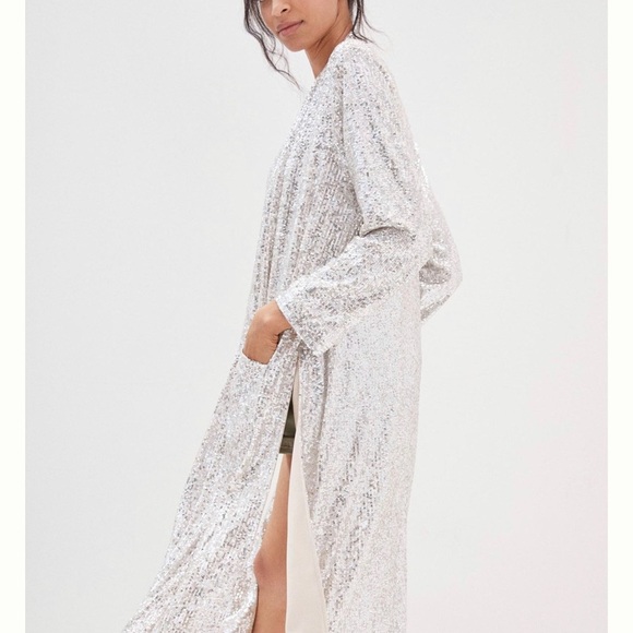 Sequin Silver Duster Anthropologie Dulcinea Jacket x BB Dakota Size Large - Picture 2 of 10